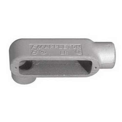 FM8 Grayloy-Iron UNILETS Type LR Conduit Outlet Body, Hub Size: 1/2 IN, Form: 8, Length: 5.09 IN, Width: 2.31 IN, Material: Grayloy-Iron, Finish: Triple-Coat (Zinc Electroplate, Chromate And Epoxy Powder Coat), Color: Gray, Connection: Taper