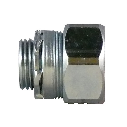 Compression Connector, Size: 1/2 IN, Connection: Male Threaded X Compression, Material: Steel, Length: 1.26 IN, Thread Length: 0.38 IN, Diameter: 1.31 IN, Standard: UL 514B, UL File Number E14814, CSA C22.2 No. 18.3, CSA 065178, NEMA FB-1, For Use To Secure And Terminate Steel EMT To Knockouts And Concrete Tight Box