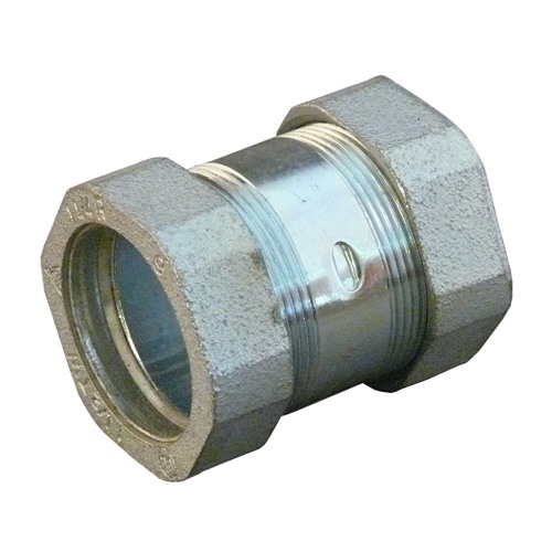 Coupling, Trade Size: 1-1/2 IN, Outside Diameter: 2.69 IN, Length: 3.31 IN, Flexibility: Rigid And IMC, Material: Malleable Iron, Connection: Compression, Standard: UL 514B, UL File Number E14814, CSA C22.2 No. 18.3, CSA 065178 Certified, NEMA FB-1, For Joining Lengths Of Steel EMT To Rigid Metal Conduit Or IMC