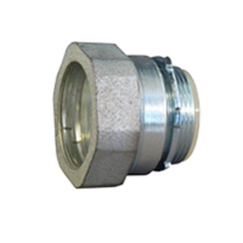 Insulated Compression Connector, Size: 1 IN, Connection: Male Threaded X Compression, Material: Malleable Iron And Steel, Length: 1.63 IN, Thread Length: 0.63 IN, Diameter: 1.88 IN, Standard: UL 514B, CSA C22.2 No. 18.3, CSA 065178, NEMA FB-1, For Use To Secure And Terminate Steel EMT To Knockouts And Concrete Tight Box