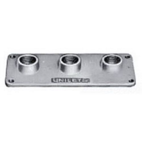 Box Cover With Hub, Material: Covers: Malleable Iron, Gaskets: Composition Fiber, Finish: Triple-Coat (Zinc Electroplate, Chromate And Epoxy Powder Coat), Size: 1-1/4 IN, Number Of Outlet: (3) Hub, Mounting: Box, Length: 8-1/2 IN, Width: 4 IN, For Use With Unilets RS, RSM Junction Boxes