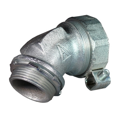 ST Series 45 DEG Liquidtight Connector, Size: 3 IN, Connection: Threaded X Compression, Conductor Range: 1 - 4/0 AWG, Material: Malleable Iron, Finish: Chromate, Epoxy Powder Coat/Zinc Electroplated, Thread Length: 1.19 IN, Standard: Cl