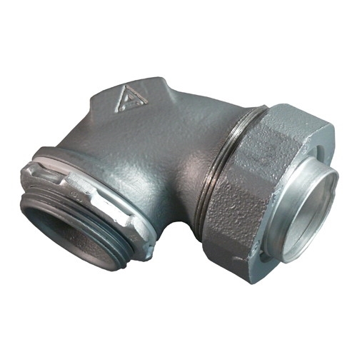 Appleton ST Series 90 DEG Liquidtight Connector With Plain Throat, Size: 1-1/2 IN, Connection: Threaded X Compression, Material: Copperfree Aluminum, Thread Length: 0.63 IN, Standard: Class I, Division 2, UL 514B, E14814, CSA C22.2 No. 18.3, 065178, NEMA FB-1, For Liquidtight Flexible Metal Conduit