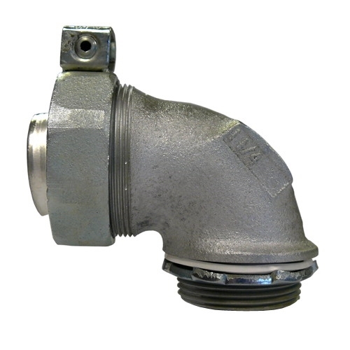 Appleton ST Series 90 DEG Liquidtight Connector, Size: 2-1/2 IN, Connection: Threaded X Compression, Conductor Range: 1 - 4/0 AWG, Material: Malleable Iron, Finish: Chromate, Epoxy Powder Coat/Zinc Electroplated, Thread Length: 1.06 IN, Standard: Class I, Division 2, UL 467, E6581, CSA C22.2 No. 18.3, 065178, NEMA FB-1, For Liquidtight Flexible Metal Conduit