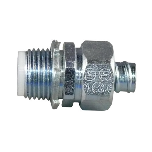 STB Series Straight Liquidtight Connector With Insulated Throat, Size: 1/2 IN, Connection: Threaded X Compression, Material: Steel, Finish: Zinc Electroplate, Dimensions: 1.44 IN Length X 1-1/4 IN Height, Thread Length: 0.63 IN, Standard: