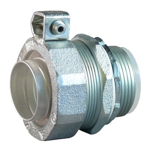 Appleton Liquidtight STB-L Series Straight Connector with Insulated Throat and External Grounding Lugs. Conduit size: 2 IN, Material: Malleable iron body and compression nut. Grounding lugs size: 8-1/0. Suitable for use in Class I, Division 2