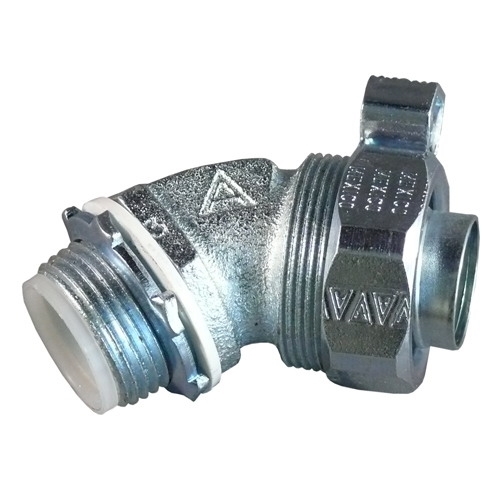 Appleton STB Series 45 DEG Liquidtight Connector, Size: 1/2 IN, Connection: Threaded X Compression, Conductor Range: 14 - 4 AWG, Material: Malleable Iron, Finish: Chromate, Epoxy Powder Coat/Zinc Electroplated, Thread Length: 0.63 IN, Standard: Class I, Division 2, UL 467, E6581, CSA C22.2 No. 18.3, 065178, NEMA FB-1, For Liquidtight Flexible Metal Conduit