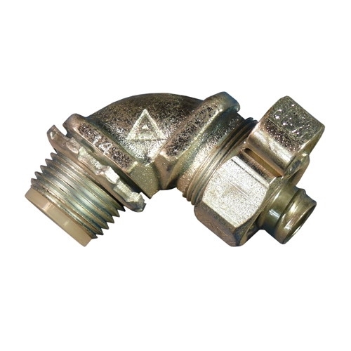 Appleton STB Series 90 DEG Liquidtight Connector, Size: 1 IN, Connection: Threaded X Compression, Conductor Range: 14 - 4 AWG, Material: Malleable Iron, Finish: Chromate, Epoxy Powder Coat/Zinc Electroplated, Thread Length: 3/4 IN, Standard: Class I, Division 2, UL 467, E6581, CSA C22.2 No. 18.3, 065178, NEMA FB-1, For Liquidtight Flexible Metal Conduit