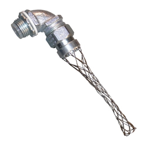 STB Series 90 DEG Liquidtight Connector With Wire Mesh Strain Relief, Size: 1 IN, Material: Malleable Iron, Finish: Chromate, Epoxy Powder Coat/Zinc Electroplated, Insulation: Insulated Throat, Thread Length: 3/4 IN, Outside Diameter: