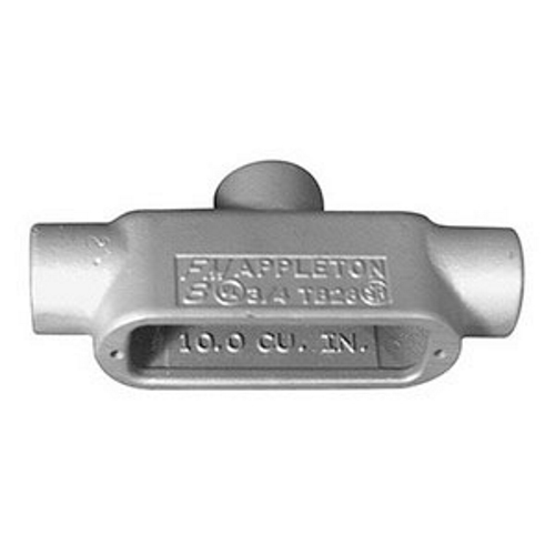 IMC/Rigid Conduit Body, Access Opening Tee Back, Configuration TB, Cover Type Zinc Electroplated Chromate Epoxy Powder Coated Gray Cast Iron, Hub Location Tee, Number of Hubs 3, Hub Size 1/2 Inch, Size 5.94 Inch L x 2.59 Inch H, Installation Threaded, Material Zinc Electroplated Chromate Epoxy Powder Coated Gray Iron Body, Neoprene Gasket, Stainless Steel Screw, Form Type Form 8, Approval UL 514A/514B/E2527, CSA C22.2, Used On IMC/Rigid Conduit, Applicable Standard NEC/CEC, NEMA FB-1, Capacity 6 Cu Inch