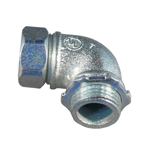 90 DEG Gland Compression Short Connector, Size: 3/4 IN, Connection: Male Threaded X Compression, Material: Malleable/Steel Nut, Length: 1.44 IN, Thread Length: 0.44 IN, Width: 1.31 IN, Standard: UL Listed, For Use To Connect Conduit To Enclosure At 90 DEG Angle