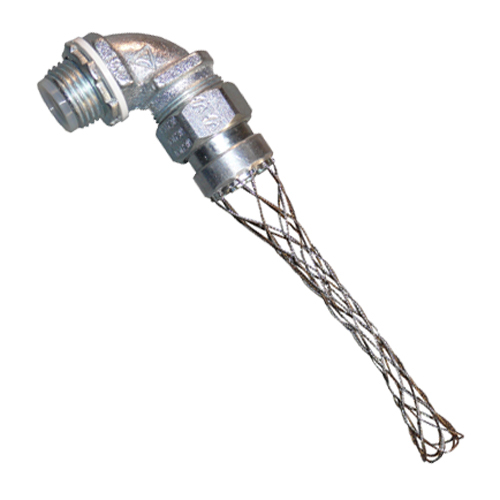 Liquidtight Flexible Conduit Connector and Wire Mesh, Trade Size 3/8 Inch (Flex), 1/2 Inch (Hub), Connector Type 90 Deg, Connector Material Zinc Electroplated Chromate Epoxy Powder Coated Malleable Iron, Throat Type Insulated, Mesh Material Stainless Steel, Standard Package 20, Approval UL 514B, CSA C22.2, Used On Liquidtight Flexible Metal Conduit, Applicable Standard NEMA FB-1, Application Commercial, Size 1.5 Inch Dia, Thread Length 1.13 Inch