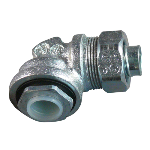 Liquidtight Flexible Conduit Connector, Type 90 Deg, Throat Type Insulated, Trade Size 1 Inch, Material Zinc Electroplated Chromate Epoxy Powder Coated Malleable Iron Body, Aluminum Ferrule, Standard Package 25, Approval UL 514B, CSA C22.2, Used On Liquidtight Flexible Metal Conduit, Size 1.81 Inch Dia, Application Oiltight, Raintight, Wet Location