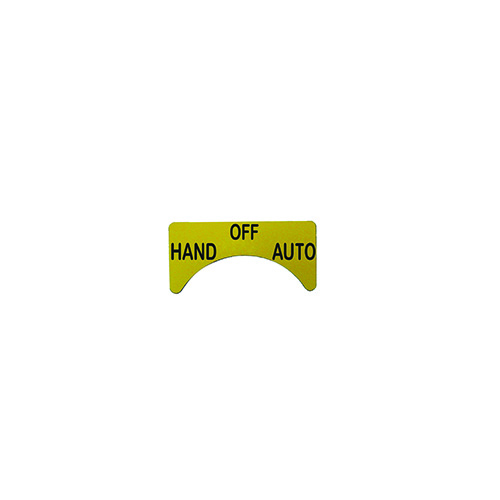 Pushbutton Legend Plate, Type Standard, Small, Legend Hand-Off-Auto, Legend Color Black, Background Color Yellow, Shape Half Round, Material Plastic, Enclosure IP66, Used On Unicode 2 Series Pushbutton Control Station