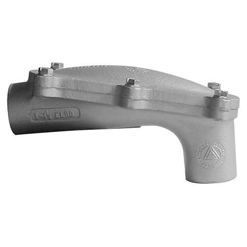 ELBD Series 90 DEG Pulling Elbow, Material: Aluminum, Finish: Epoxy Powder Coat, Length: 10.63 IN, Trade Size: 2 IN, Flexibility: EMT, Connection: Female Threaded, Dimensions: 4.94 IN Width X 6-3/4 IN Height, Standard: UL 886, UL File Nu