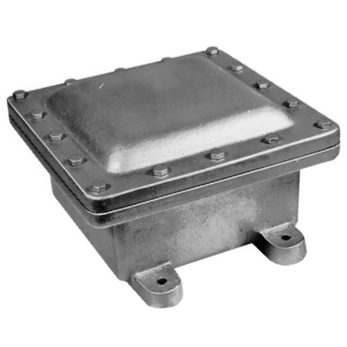 Explosionproof Cast Junction Box, Hub Size 5 Inch, Inner Size 12 Inch L x 12 Inch W x 8 Inch D, Wall Thickness 0.69 Inch, Cover Type Screw-On, Enclosure Class I Div 1 and 2 Group D, Class II Div 1 and 2 Group E F G, Class III, Body Material Cast Iron, Body Finish Hot Dip Galvanized, Cover Material Cast Iron, Cover Finish Hot Dip Galvanized, Mounting Feet, Approval UL 886/1203, Constructional Feature Explosionproof, Dust-Ignitionproof