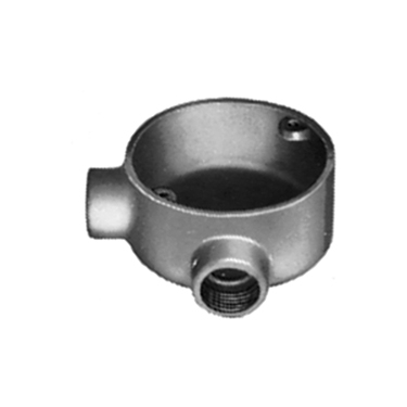 Rigid Conduit Outlet Box, Type Tapped, Diameter 4 Inch, Depth 1.88 Inch, Number of Hubs 2, Hub Location (2) Side, Hub Size 3/4 Inch, Shape Round, Material Malleable Iron, Finish Zinc Electroplated Chromate Epoxy Powder Coated, Approval UL 514A, Capac...
