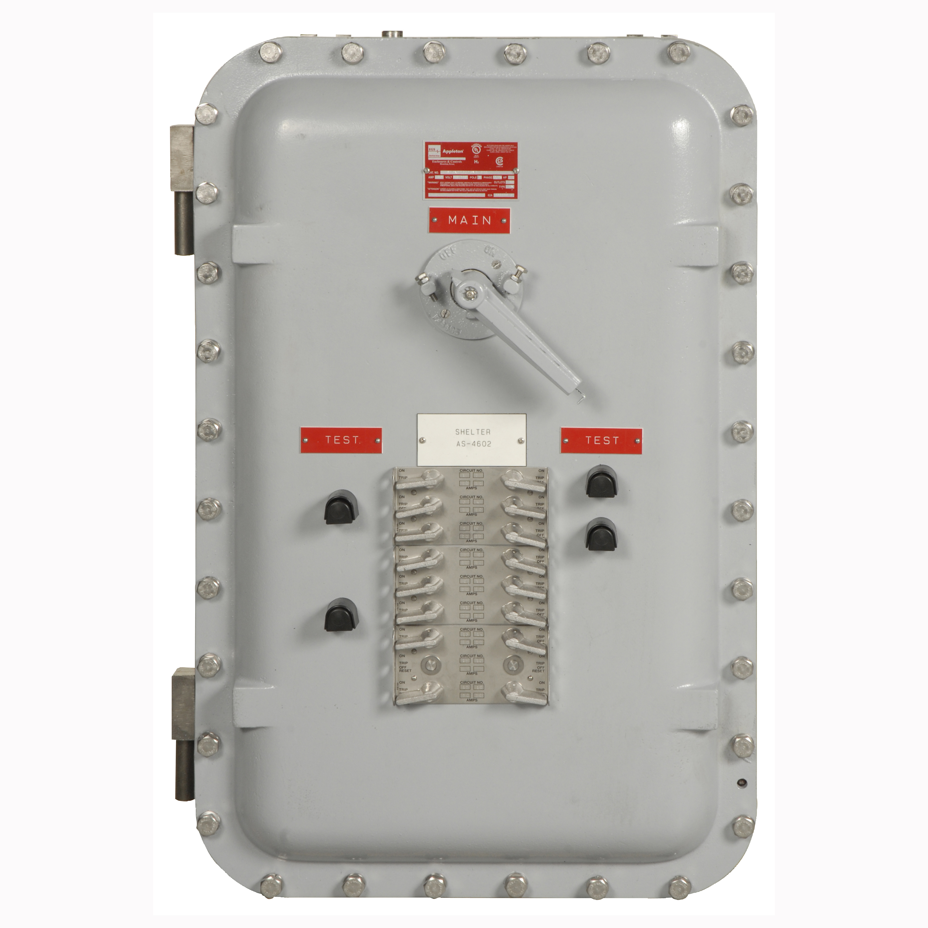 Explosionproof Circuit Breaker Power Distribution Panelboard, Voltage Rating 277/480 V, Current Rating 225 Ampere, Number of Circuits 30, Main Circuit Configuration 3 Phase 4 Wire, Enclosure Material Copper Free Aluminum, Enclosure Finish Corrosion Resistant Grey Epoxy Powder Coated, Enclosure Class I Div 1 and 2 Group B C D, Class II Div 1 and 2 Group E F G, Class III, Class I Zone 1 Group IIB, NEMA 4/4X/7BCD/9EFG, Constructional Feature Explosionproof, Dust-Ignitionproof, Watertight, Mounting Feet, Size 23 Inch W x 11 Inch D x 53 Inch H, Approval UL 1203, Applicable Standard NEC, Material Copper-Free Aluminum (Cover, Breaker Operator), Stainless Steel (Hinge, Cover Bolt), Copper (Bus Bar), Neoprene (O-Ring), Application Hazardous Location, Construction Type Main Lug