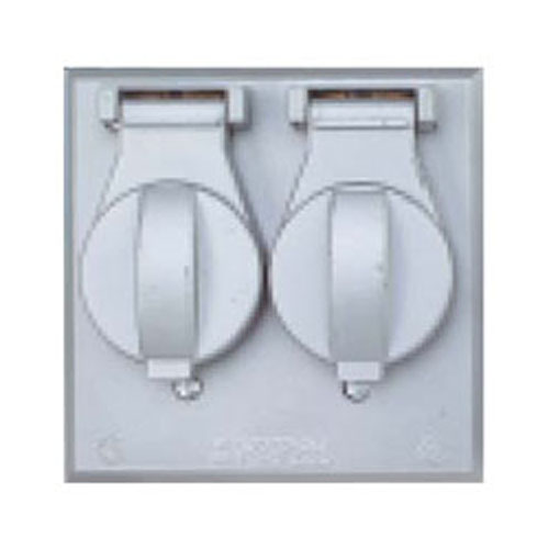 BWF FC-281V 2-Gang Weatherproof Cover, Material: Metal, Square Shape, Number Of Outlet: (2) Single Receptacles Or Switches, Gray Color, Construction: Die Cast, Mounting: Box, 4-9/16 IN Length X 4-9/16 IN Height, Mounting Hole Space: 1-13/16 IN Horizontal, 2-3/8 IN Vertical, NEMA Rating: NEMA 3R, Standard: UL Listed, CSA Certified, NEC Article 410-57(B), For Use With Single Receptacles Or Switches