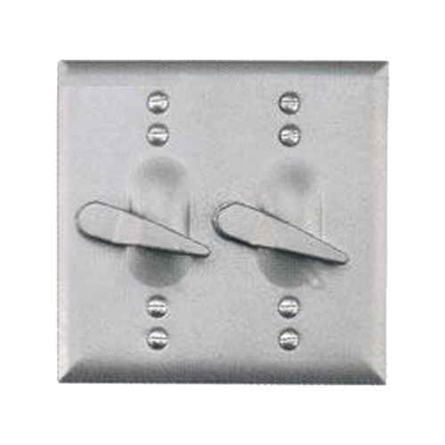 BWF TS-2V 2-Gang Weatherproof Cover, Material: Stamped Aluminum, Square Shape, Number Of Outlet: (2) Toggle Switch, Gray Color, Construction: Die Cast, Mounting: Box, 4-9/16 IN Length X 4-9/16 IN Height, Mounting Hole Space: 3-9/32 IN Outer, 2-3/8 IN Inner, NEMA Rating: NEMA 3R, Standard: UL Listed, CSA Certified, NEC Article 410-57(B), For Use With 15 - 20 AMP Toggle Switch
