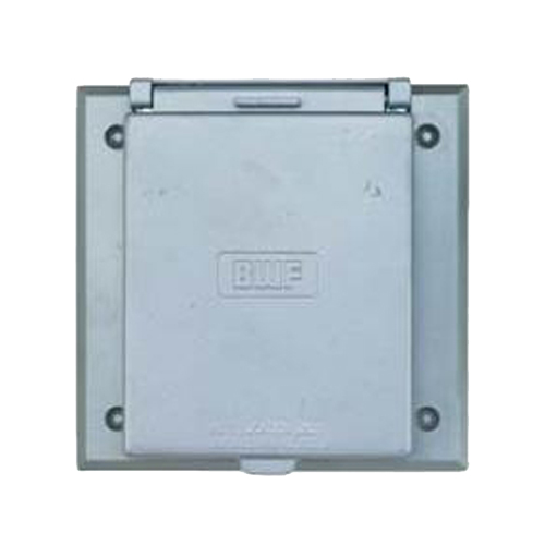 BWF TPO-50V 2-Gang Weatherproof Power Outlet Cover, Material: Metal, Square Shape, Size: 2-1/8 IN Opening, Number Of Outlet: (1) Single Receptacle, Gray Color, Construction: Die Cast, Mounting: Box, 4-9/16 IN Length X 4-9/16 IN Height, NEMA Rating: NEMA 3R, Standard: UL Listed, CSA Certified, NEC Article 410-57(B), For Use With 20 - 50 AMP Single Receptacle