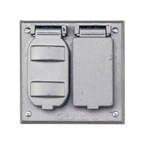 BWF FGV-291V 2-Gang Weatherproof Cover, Material: Metal, Square Shape, Number Of Outlet: (1) GFCI Receptacle And (1) Single Switch, Gray Color, Construction: Die Cast, 4-9/16 IN Length X 4-9/16 IN Height, Mounting Hole Space: 3-5/8 IN, Switch Opening Size: 1-11/32 IN Length X 2-21/32 IN Height, NEMA Rating: NEMA 3R, Standard: UL Listed, CSA Certified, NEC Article 410-57(B), For Use With GFCI Receptacle And Single Switch Or Receptacle