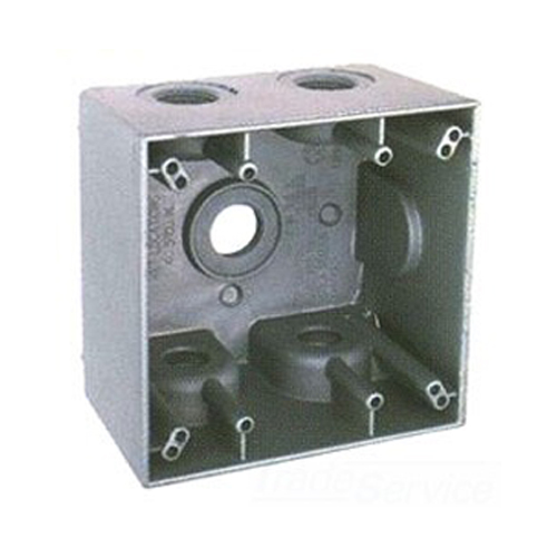 BWF DTB-100V 2-Gang Deep Weatherproof Outlet Box, Number Of Outlet: 5, Material: Metal, Size: 1 IN, Gray Color, Construction: Rugged, Seamless, Die-Cast, Cable Entry: (5) 1 IN Threaded Outlets, Mounting: Surface, Cubic Capacity: 40.3 CU-IN, Knockouts: No, 4-9/16 IN Width X 2-5/8 IN Depth X 4-5/8 IN Height, For Receptacles, Switches And GFCI’s