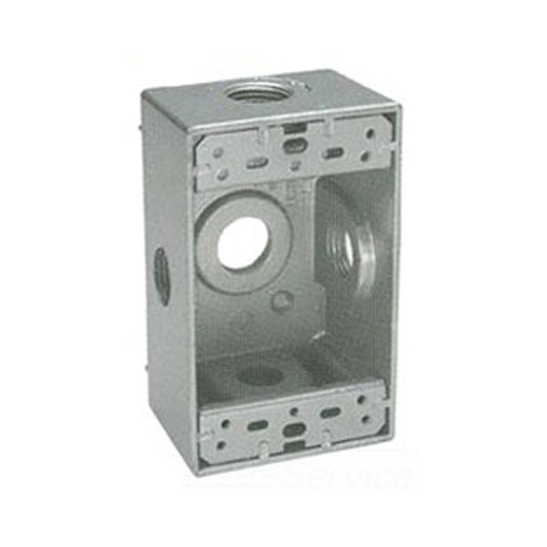 BWF B75-22XV Type X 1-Gang Weatherproof Outlet Box, Number Of Outlet: 5, Material: Metal, Size: 3/4 IN, Gray Color, Construction: Rugged, Seamless, Die-Cast, Cable Entry: (5) 3/4 IN Threaded Outlets, Mounting: Surface, Cubic Capacity: 18.3 CU-IN, Knockouts: No, 4-9/16 IN Width X 2 IN Depth X 2-13/16 IN Height, Standard: UL Listed, CSA Certified, For Receptacles, Switches And GFCI’s
