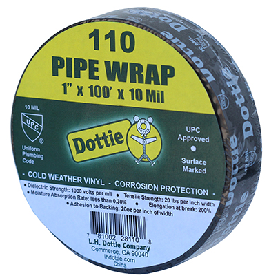 Pipe Wrap, Polyvinyl Chloride material, 100 ft. length, 1 in. width, 10 mil. thickness, Rubber Resin backing material