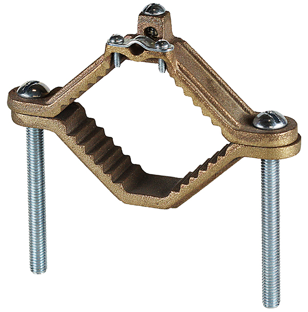 Armored Ground Clamp, 8 SOL to 4 STR conductor size, Bronze material, 4, 5, 6 in. pipe size
