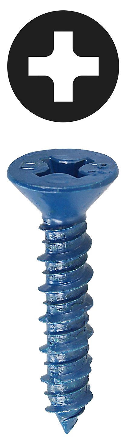Phillips Head Concrete Anchor System, 1/4 in. diameter, 1-1/4 in. length, Hi-Low thread type, 3/16 x 3-1/2 in. drill size, Flat head type, Ceramic Coated Blue finish, Drill included, #2 bit size, Phillips drive type