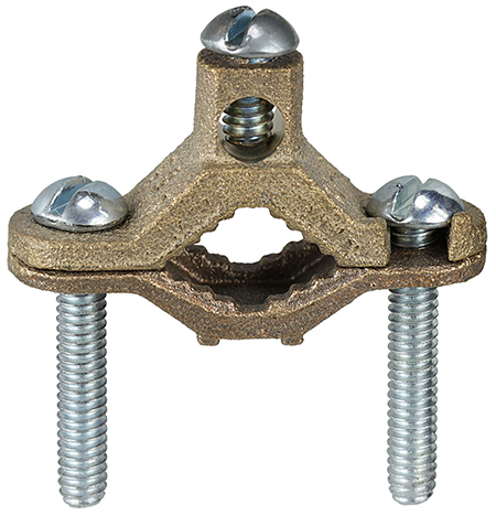 Bare Ground Clamp, 10 SOL to 2 STR conductor size, Bronze material, 1/2 to 1 in. pipe size, Dual Rated Suitable for Pipe or Steel Rebar 3/8 to 1" (#3 - #8), Accomodates Steel Rebar Without Disassembly