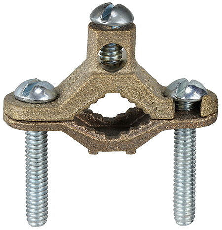 Bare Ground Clamp, 10 SOL to 2 STR conductor size, Bronze material, 1-1/4 to 2 in. pipe size