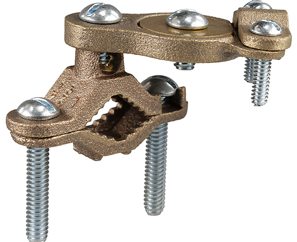 Armored Ground Clamp, 10 SOL to 6 STR conductor size, Bronze material, 1/2 to 1 in. pipe size