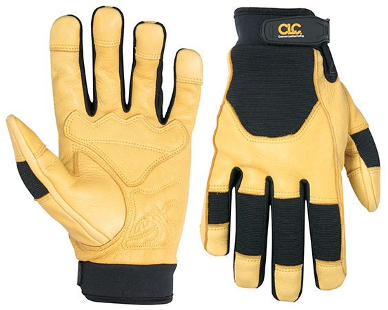 CLC, Hybrid Gloves, Medium Size, Top Grain Deerskin material, Hook and Loop Closure cuff, Suede Leather palm material, Spandex back material