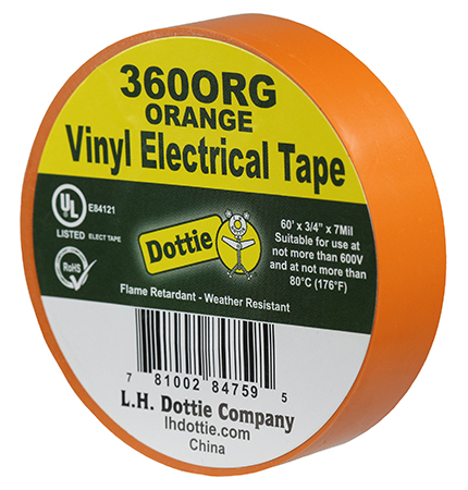 Color Coding Tape, Polyvinyl Chloride material, Orange, 60 ft. length, 3/4 in. width, 30 N/CM tensile strength, 7 mil. thickness, Steel-1.5, Backing-0.15 N/CM adhesion strength, 600 V voltage rating