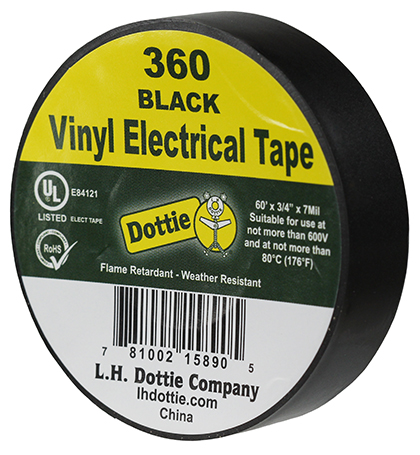 Electrical Tape, Polyvinyl Chloride material, Black, 3/4 IN x 60 FT x 7 MIL Size, 60 ft. length, 3/4 in. width, 30 N/CM tensile strength, 7 mil. thickness, Steel-1.5, Backing-0.15 N/CM adhesion strength, 600 V maximum voltage