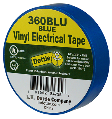 Color Coding Tape, Polyvinyl Chloride material, Blue, 60 ft. length, 3/4 in. width, 30 N/CM tensile strength, 7 mil. thickness, Steel-1.5, Backing-0.15 N/CM adhesion strength, 600 V voltage rating