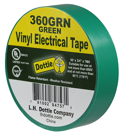 Color Coding Tape, Polyvinyl Chloride material, Green, 60 ft. length, 3/4 in. width, 30 N/CM tensile strength, 7 mil. thickness, Steel-1.5, Backing-0.15 N/CM adhesion strength, 600 V voltage rating