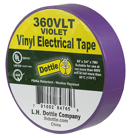 Color Coding Tape, Polyvinyl Chloride material, Violet, 60 ft. length, 3/4 in. width, 30 N/CM tensile strength, 7 mil. thickness, Steel-1.5, Backing-0.15 N/CM adhesion strength, 600 V voltage rating