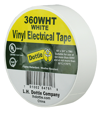 Color Coding Tape, Polyvinyl Chloride material, White, 60 ft. length, 3/4 in. width, 30 N/CM tensile strength, 7 mil. thickness, Steel-1.5, Backing-0.15 N/CM adhesion strength, 600 V voltage rating