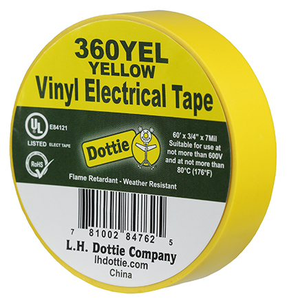 Color Coding Tape, Polyvinyl Chloride material, Yellow, 60 ft. length, 3/4 in. width, 30 N/CM tensile strength, 7 mil. thickness, Steel-1.5, Backing-0.15 N/CM adhesion strength, 600 V voltage rating