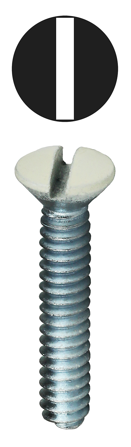 Oval Head Wall Plate Screw, Steel material, 3/4 in. length, #6-32 thread size, White head color, Painted finish, Slotted drive