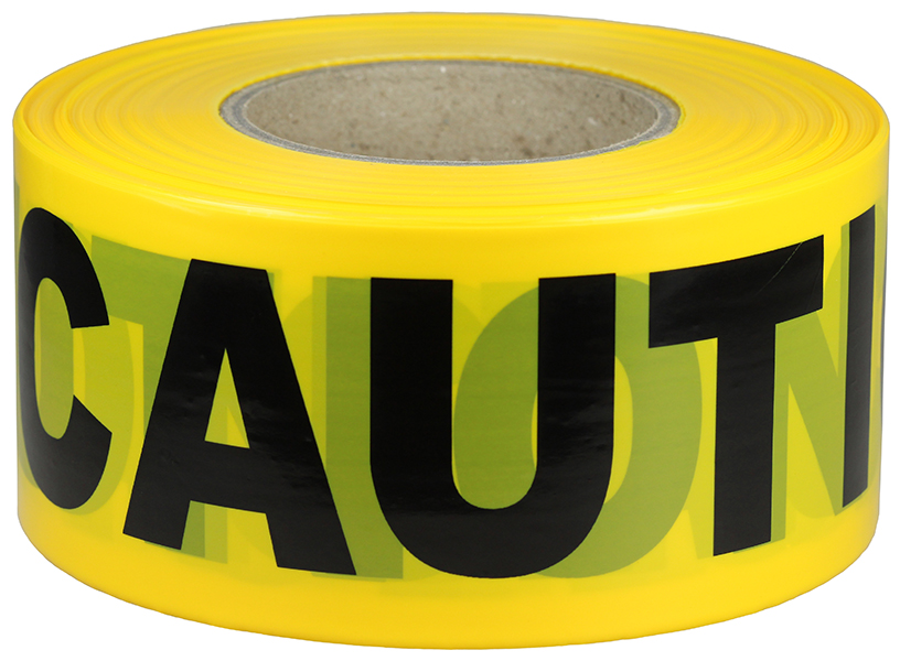 Barricade Tape, Yellow, 1000 ft. length, Reusable Polyethylene material, "Caution Caution Caution" legend, 3 mil. thickness, 3 in. width