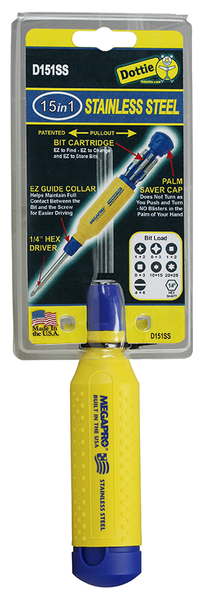 Megapro, Screwdriver Set, Phillips-#0, #1, #2, #3, Square-#0, #1, #2, #3, Slotted-#4, #6, Star-T10, T15, T20, T25 tip size, Phillips, Square, Slotted, Star tip type, Blue/Yellow handle color, Stainless Steel blade material, 1/4 in. blade width, Hex shank shape