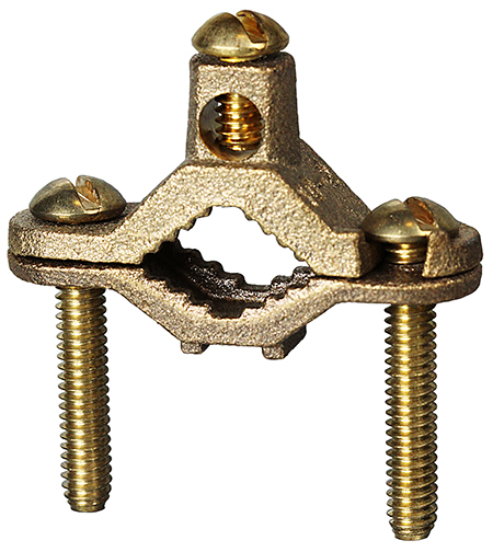 Bare Ground Clamp, 10 SOL to 2 STR conductor size, Bronze material, Direct burial, 1-1/4 to 2 in. pipe size