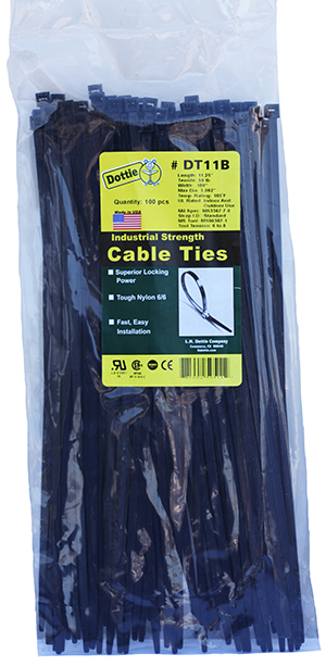 Standard Duty Cable Ties, 0.18 in. width, 11.25 in. length, 0.052 in. thickness, 3.062 in. bundle diameter, Nylon material, UV Black, 50 lb. tensile strength
