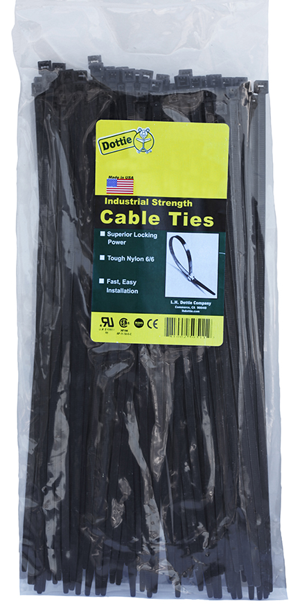 Standard Duty Cable Ties, 0.18 in. width, 14.25 in. length, 0.052 in. thickness, 4 in. bundle diameter, Nylon material, UV Black, 50 lb. tensile strength