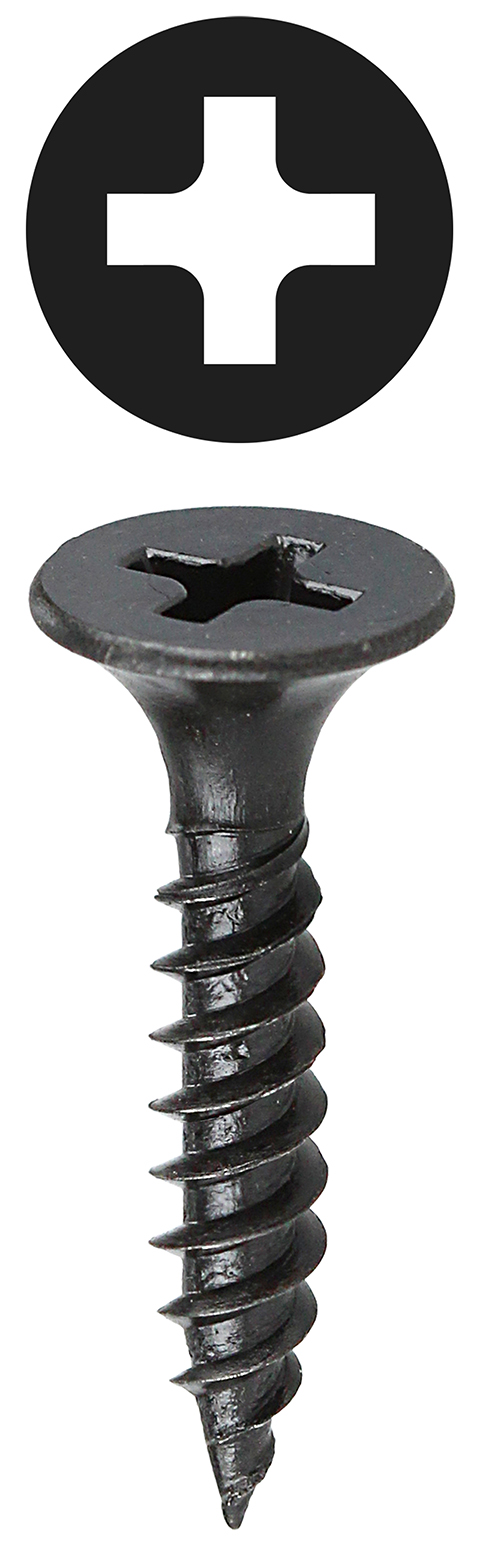 Bugle Head Drywall Screw, Steel material, 1-1/4 in. length, Fine thread type, #6 thread size, Black head color, Black Oxide finish, Phillips drive, Self Piercing, Tuff Pack Packaging