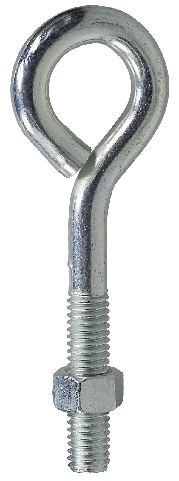 Eye Bolt, Low Carbon Cold Drawn Steel material, Zinc Plated Finish, 2 in. length, 3/16 in. diameter, NC Rolled Machine thread, 1 nut, Hex nut type, 1-1/4 in. thread length, 1-3/8 in. shank length, 3/16 in. thread size, 5/16 in. inside diameter